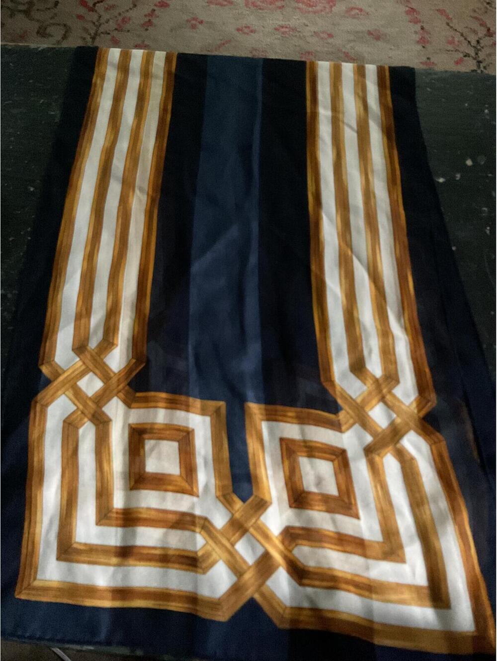Vintage P. Saint Hilaire Paris Navy, White and Gold Geometric Print  Silk Scarf